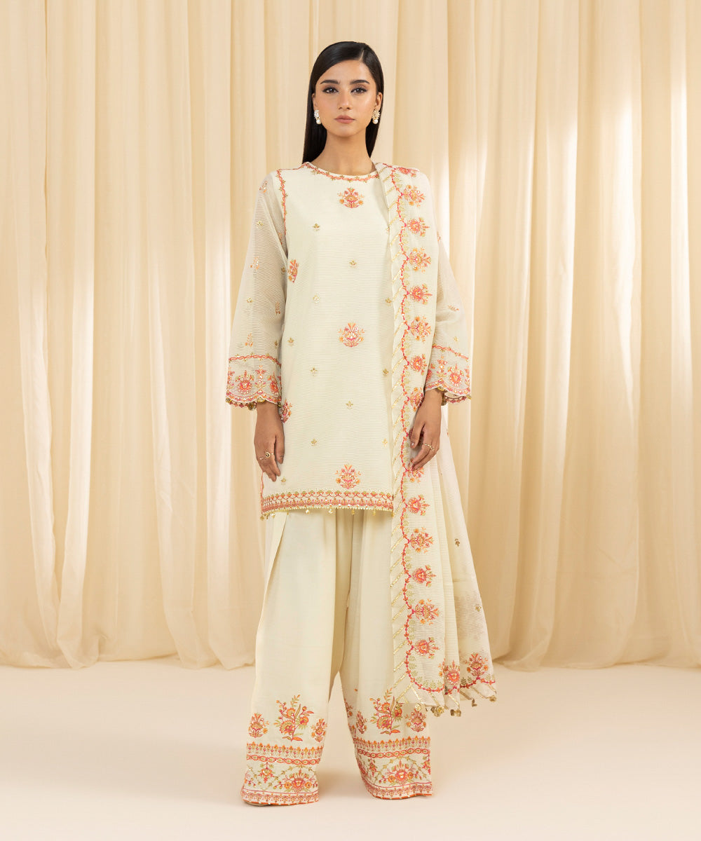 Women's Unstitched Embroidered Blended Textured Karandi Off White 3 Piece Suit