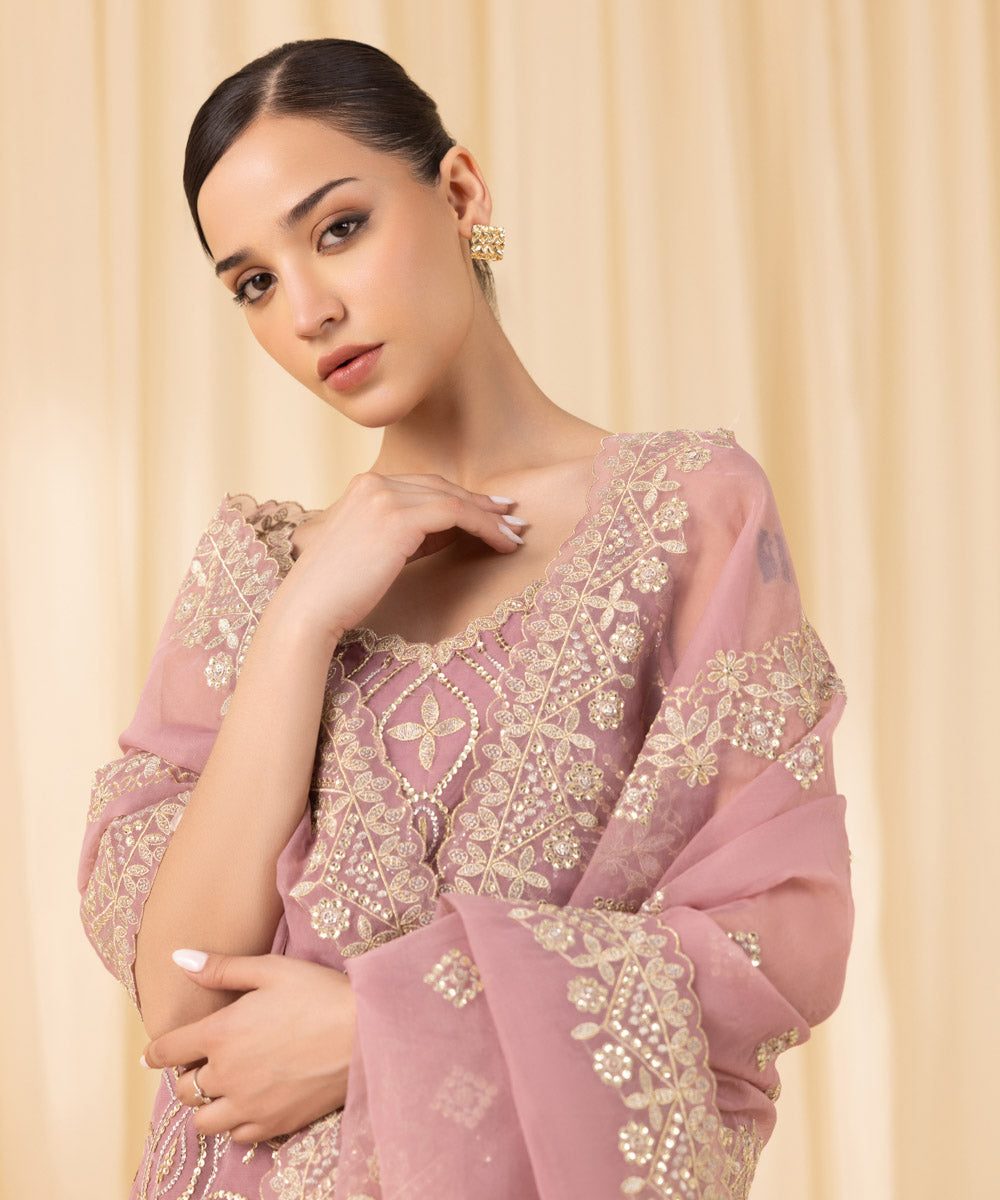 Women's Unstitched Embroidered Blended Organza Pink 3 Piece Suit