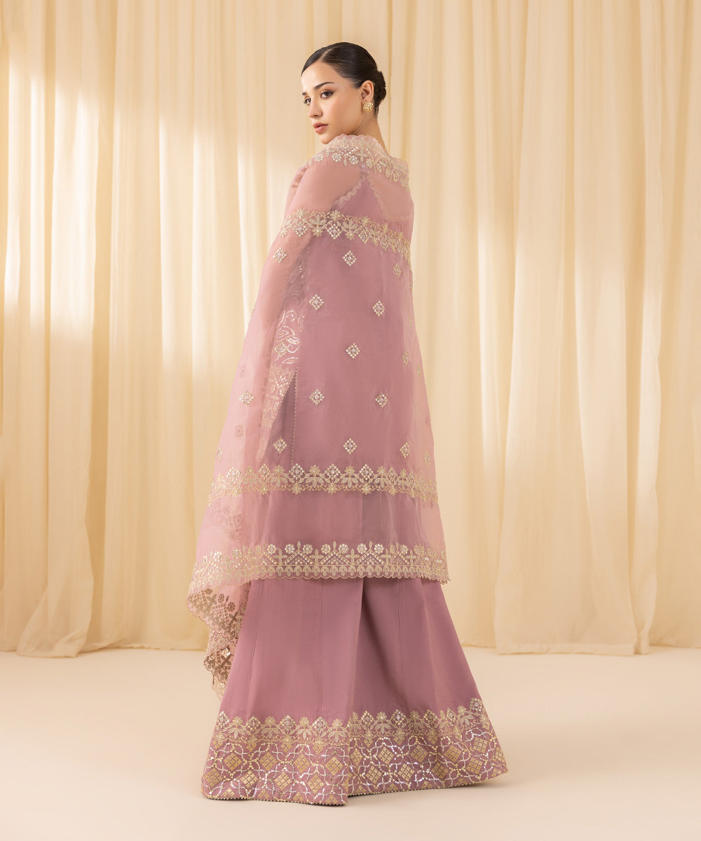 Women's Unstitched Embroidered Blended Organza Pink 3 Piece Suit