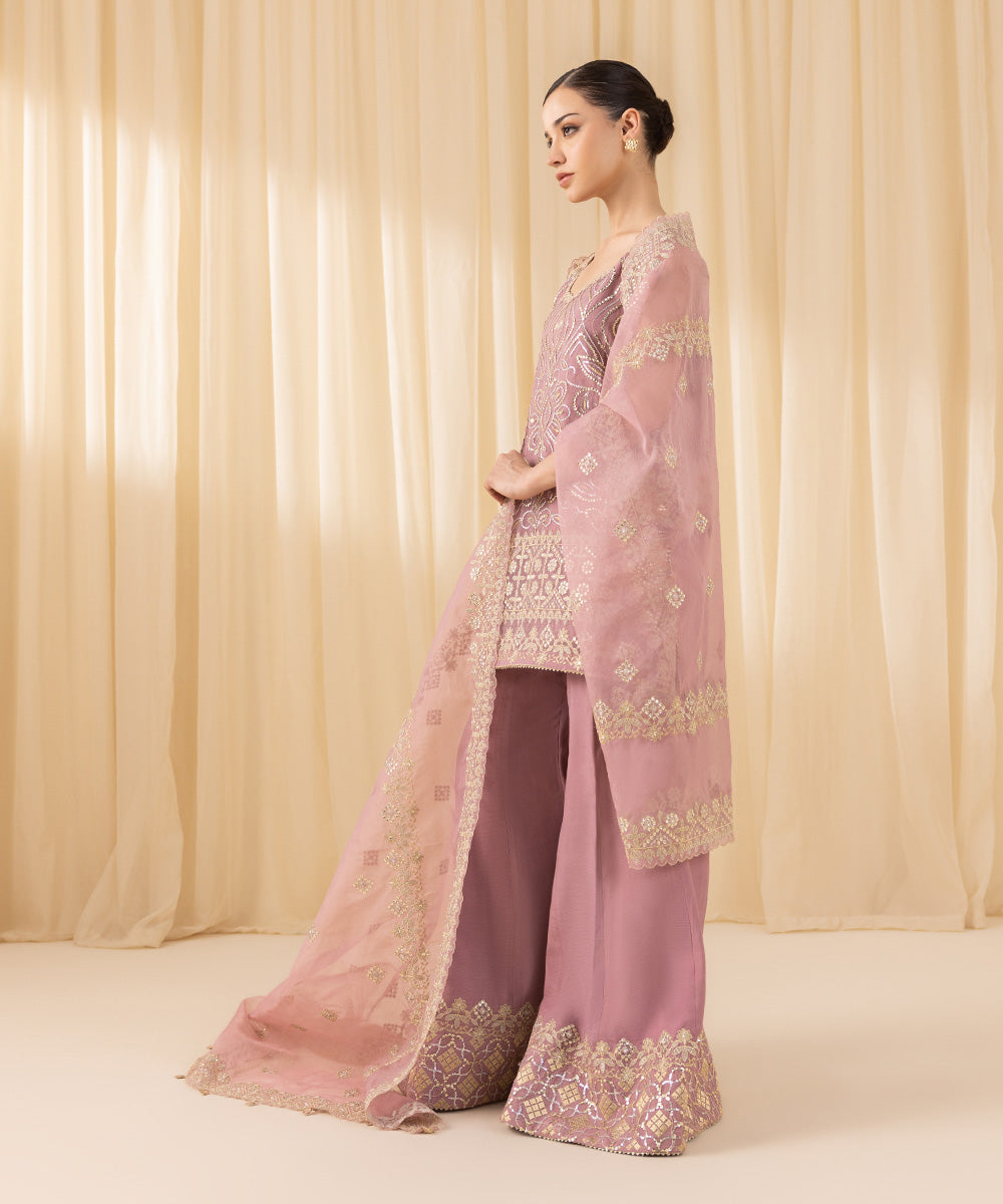 Women's Unstitched Embroidered Blended Organza Pink 3 Piece Suit