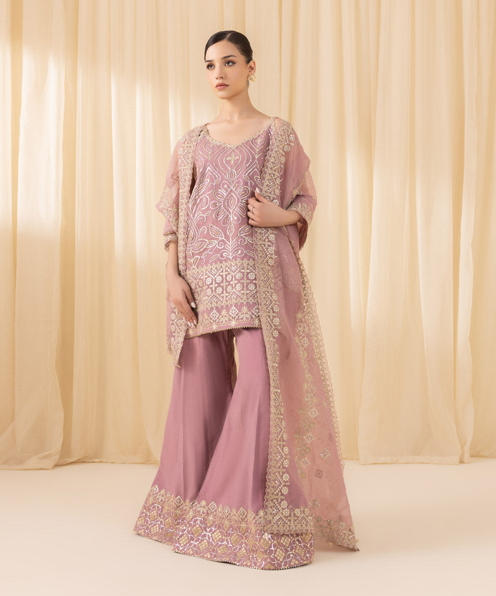 Women's Unstitched Embroidered Blended Organza Pink 3 Piece Suit