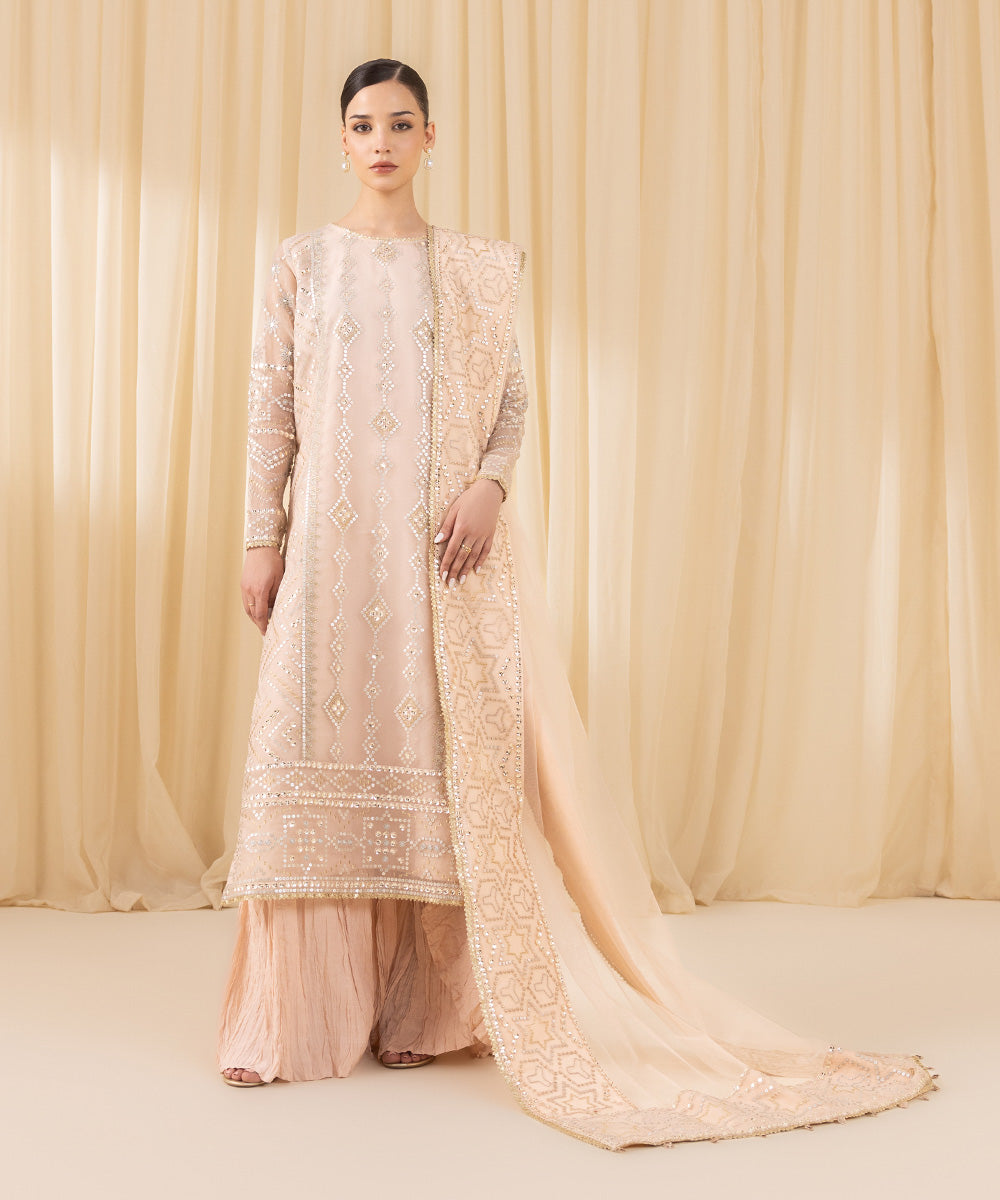 Women's Unstitched Embroidered Blended Organza Pink 3 Piece Suit