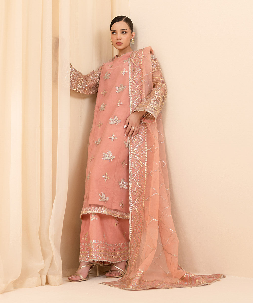 Women's Unstitched Embroidered Blended Net Pink 3 Piece Suit