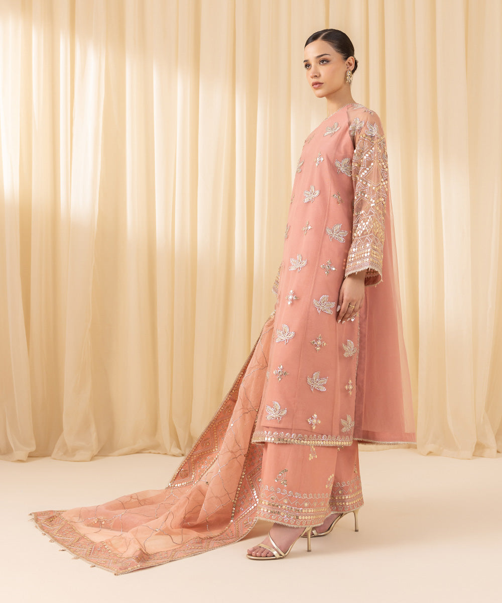 Women's Unstitched Embroidered Blended Net Pink 3 Piece Suit