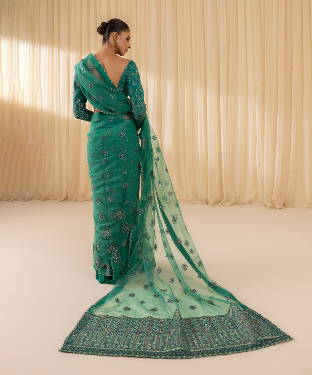 Women's Unstitched Embroidered Extra Weft Jacquard Green 3 Piece Suit