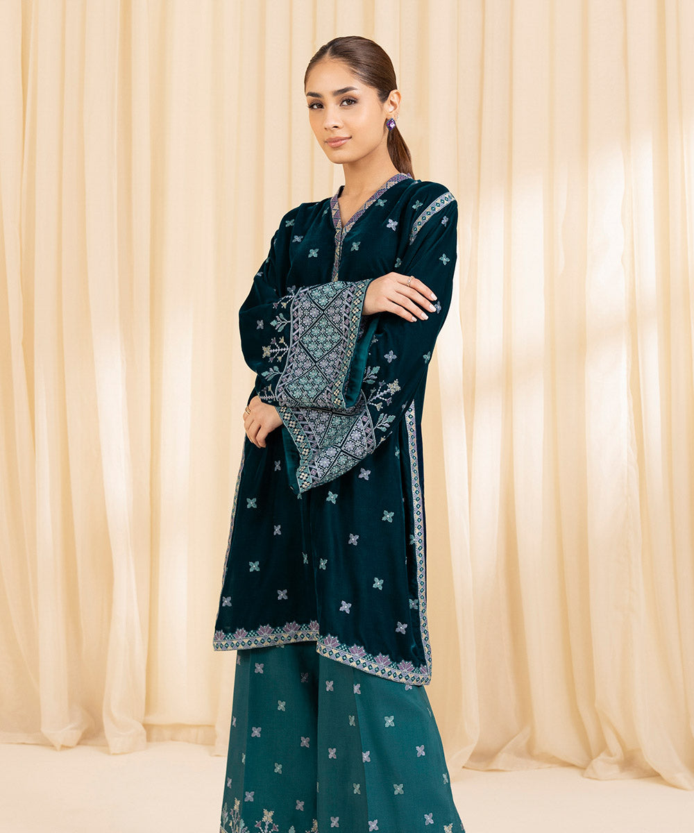 Women's Unstitched Velvet Blue 2 Piece Suit