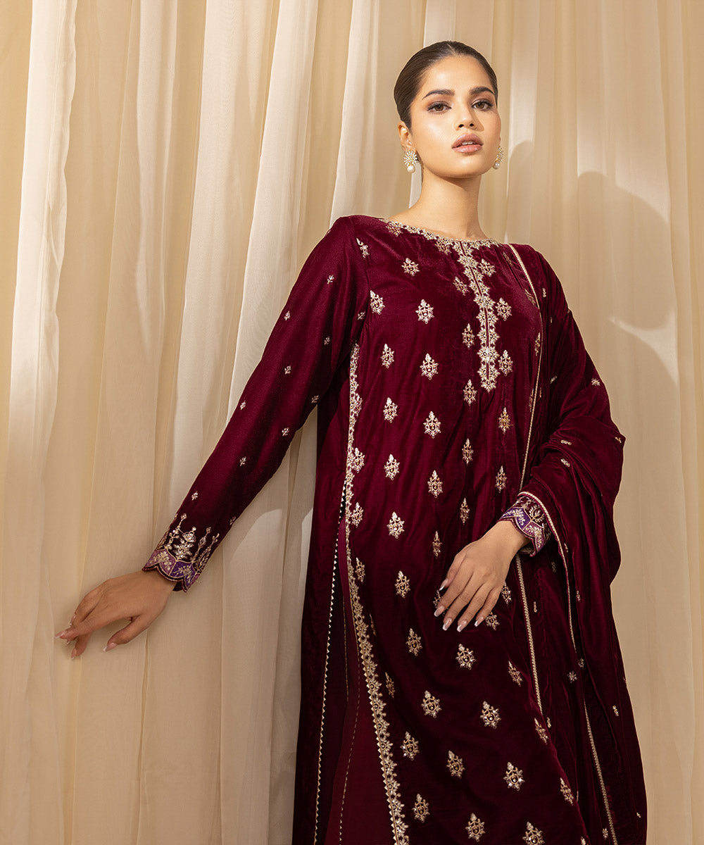 Women's Unstitched Embroidered Velvet Red 3 Piece Suit