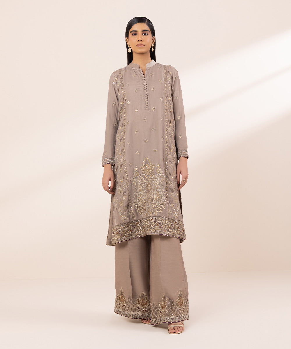 Women's Unstitched Embroidered Velvet Beige 2 Piece Suit