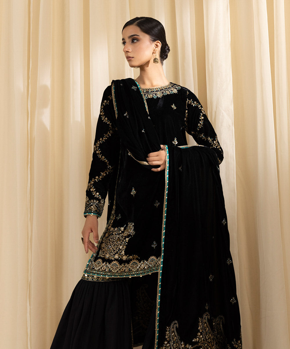 Women's Unstitched Embroidered Velvet Black 3 Piece Suit