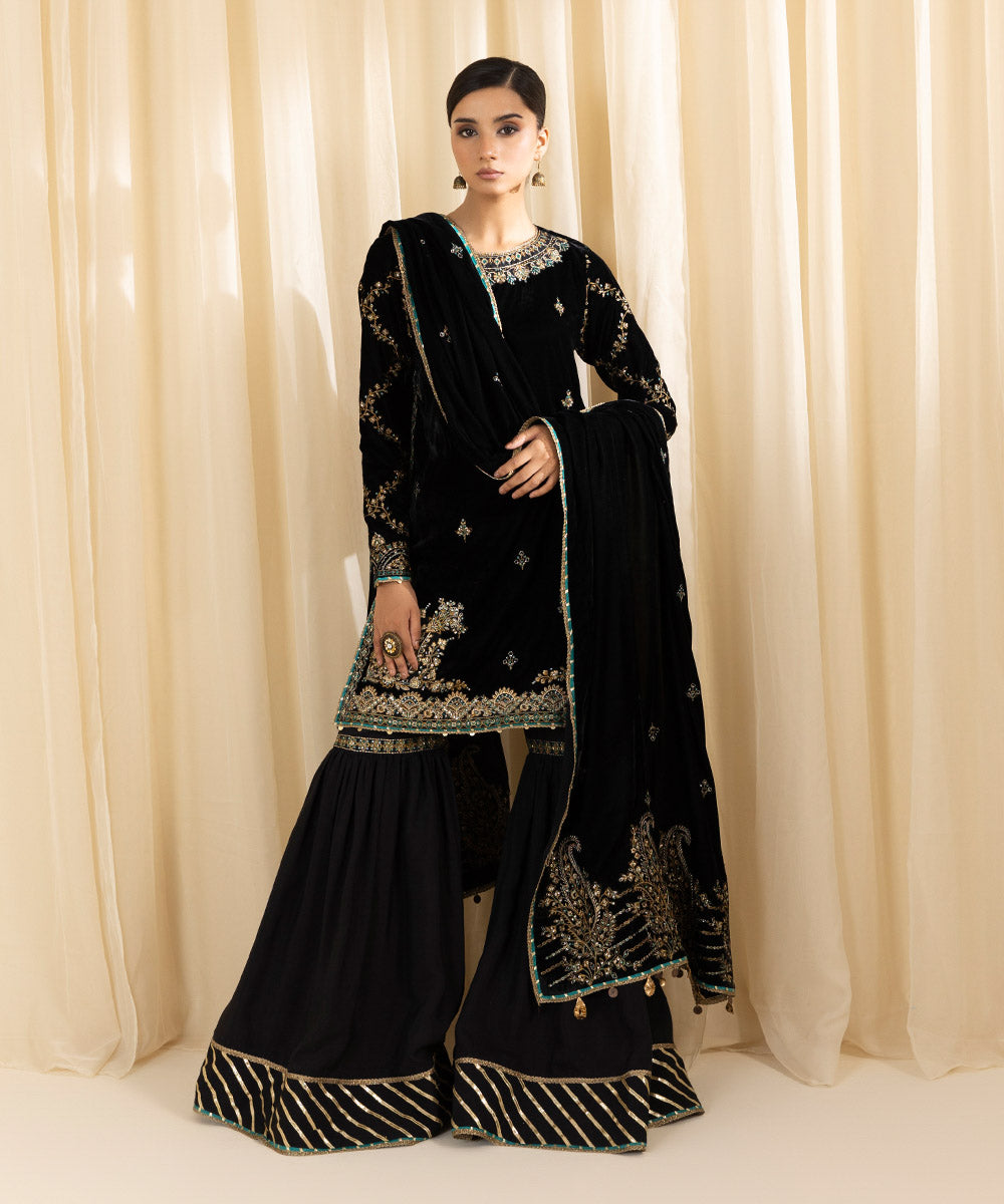 Women's Unstitched Embroidered Velvet Black 3 Piece Suit