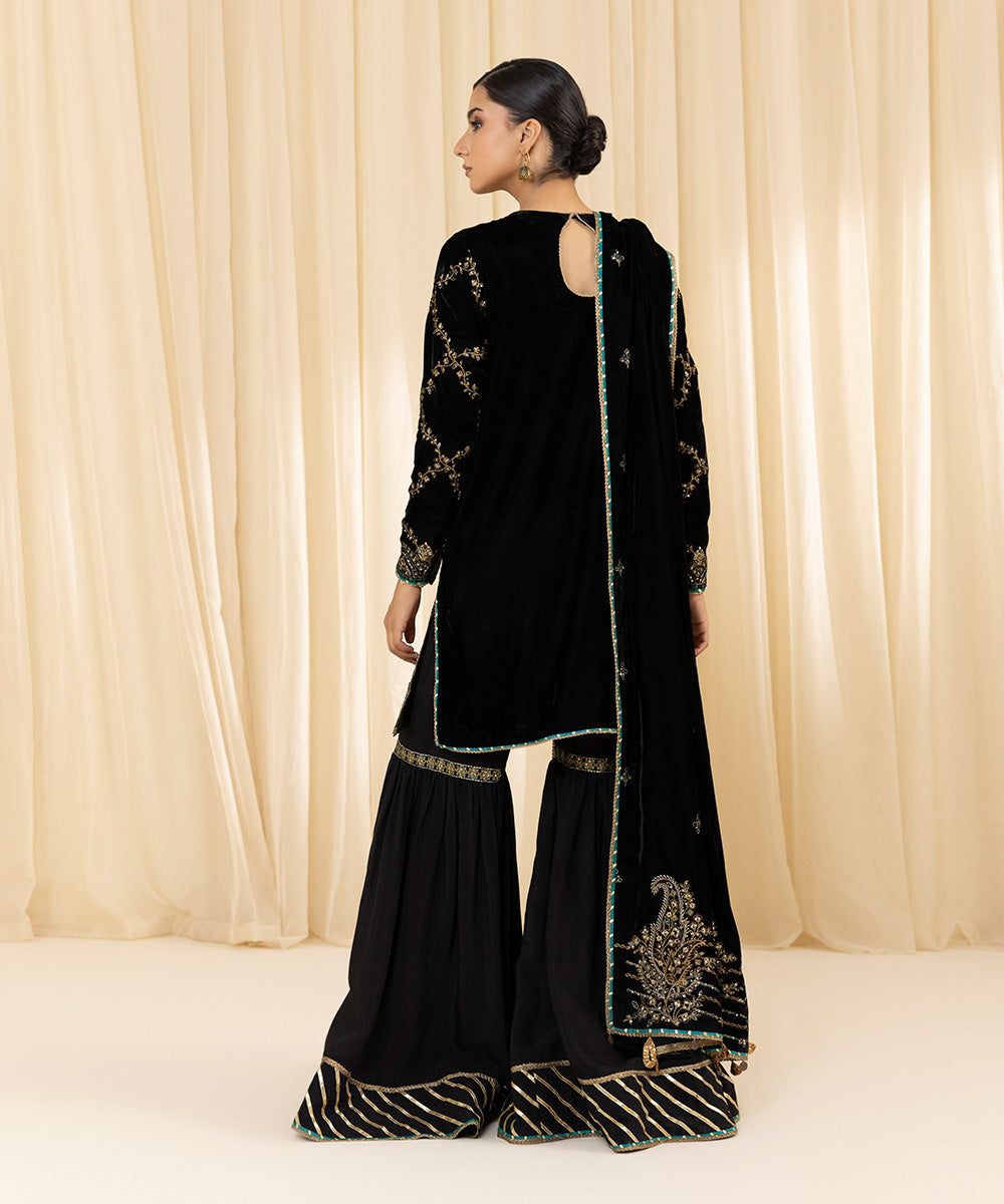 Women's Unstitched Embroidered Velvet Black 3 Piece Suit