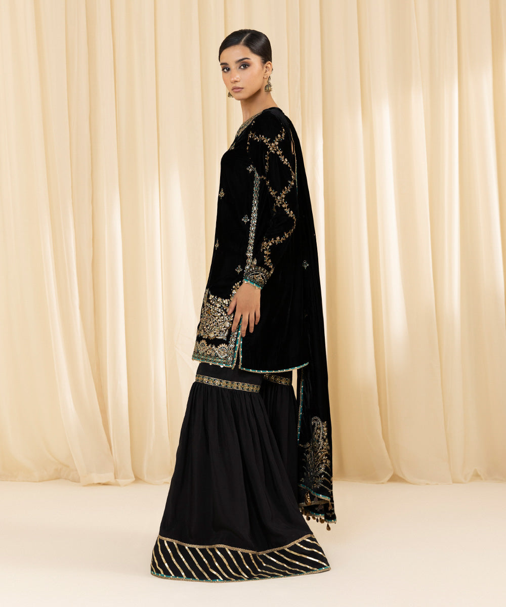 Women's Unstitched Embroidered Velvet Black 3 Piece Suit