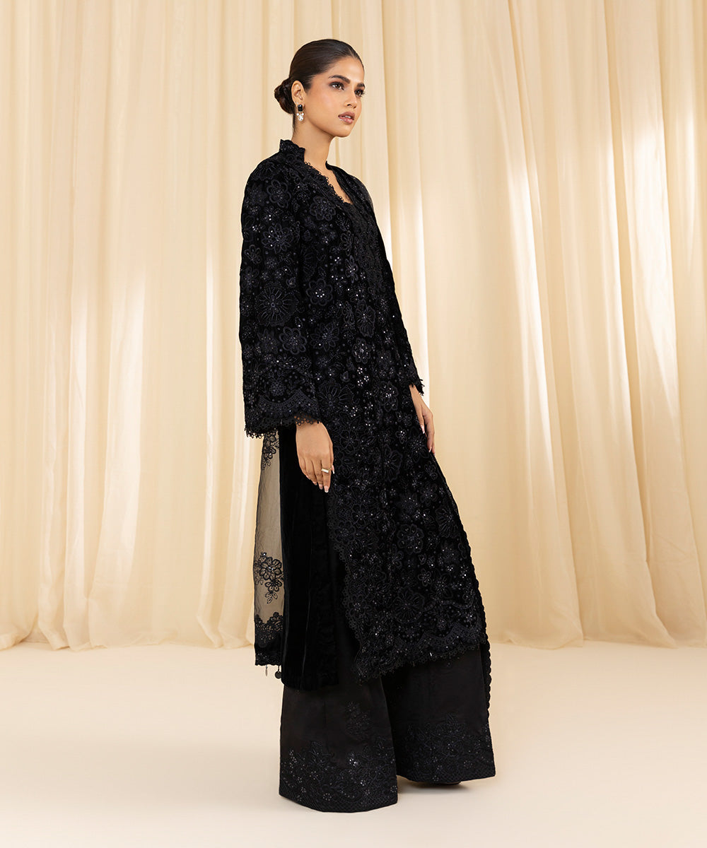 Women's Unstitched Embroidered Velvet Black 3 Piece Suit