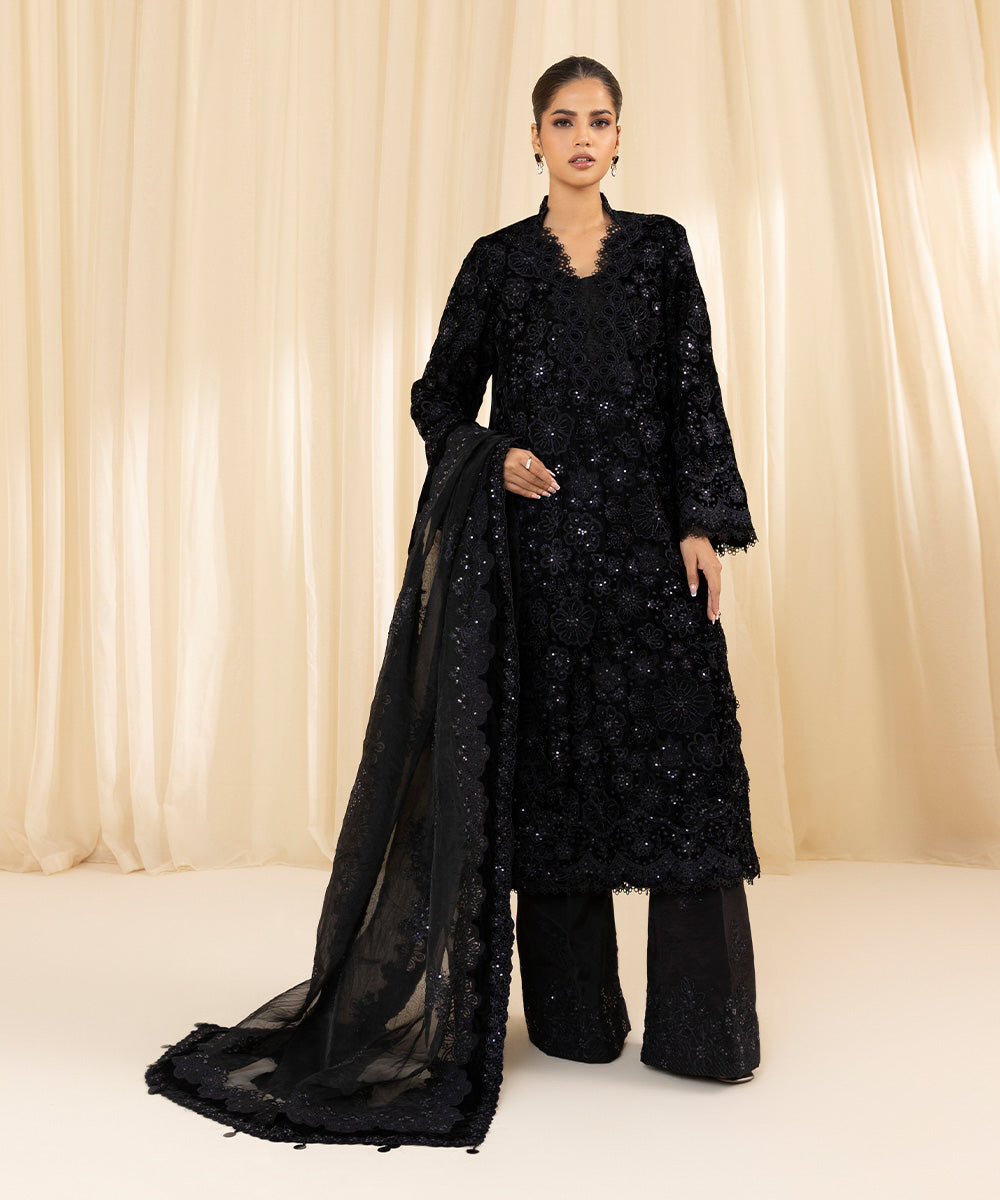 Women's Unstitched Embroidered Velvet Black 3 Piece Suit