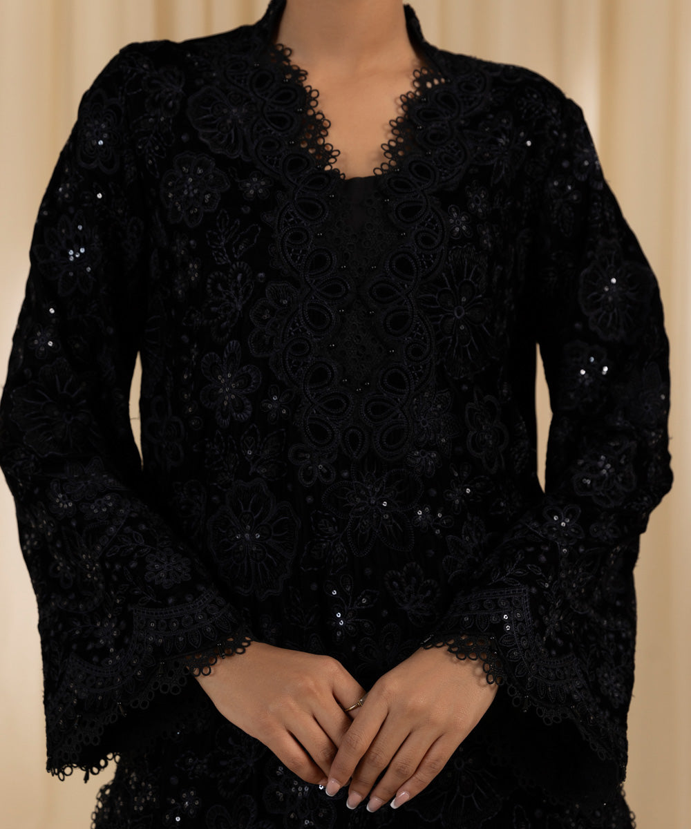 Women's Unstitched Embroidered Velvet Black 3 Piece Suit