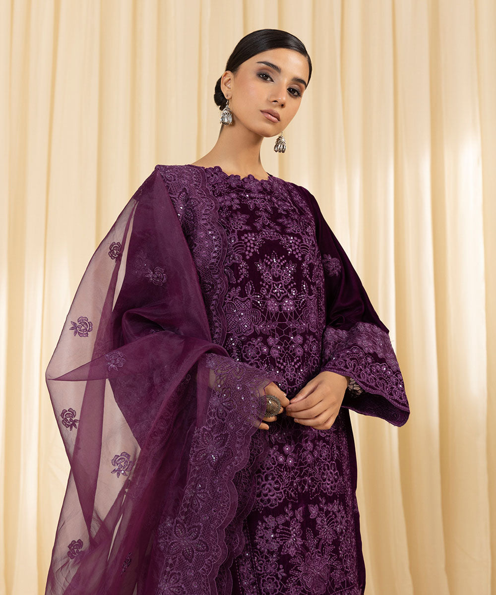 Women's Unstitched Embroidered Velvet Purple 3 Piece Suit