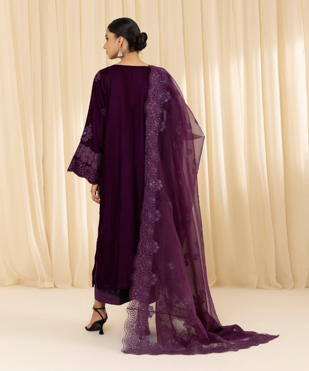 Women's Unstitched Embroidered Velvet Purple 3 Piece Suit