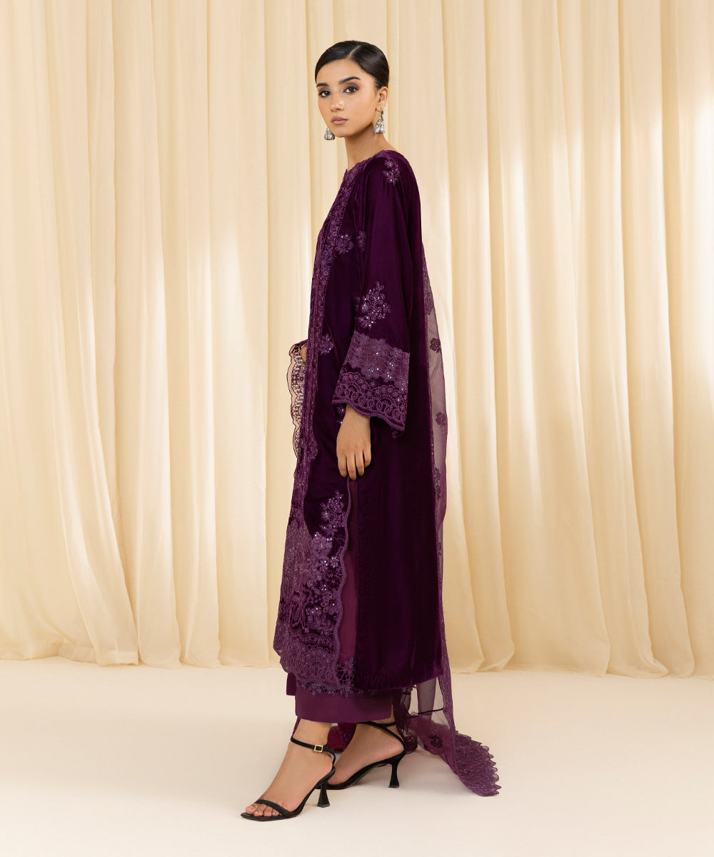 Women's Unstitched Embroidered Velvet Purple 3 Piece Suit