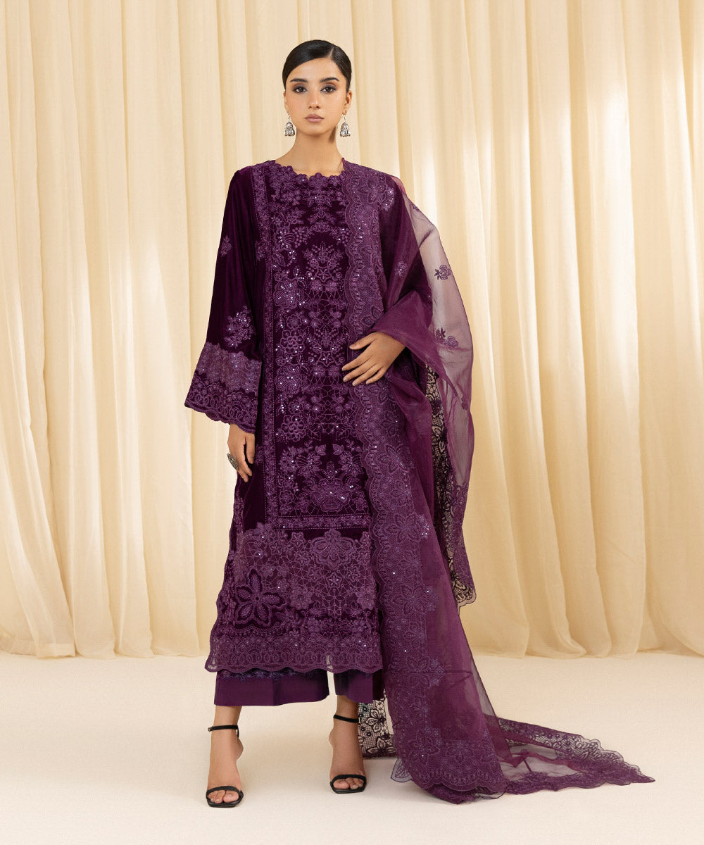 Women's Unstitched Embroidered Velvet Purple 3 Piece Suit