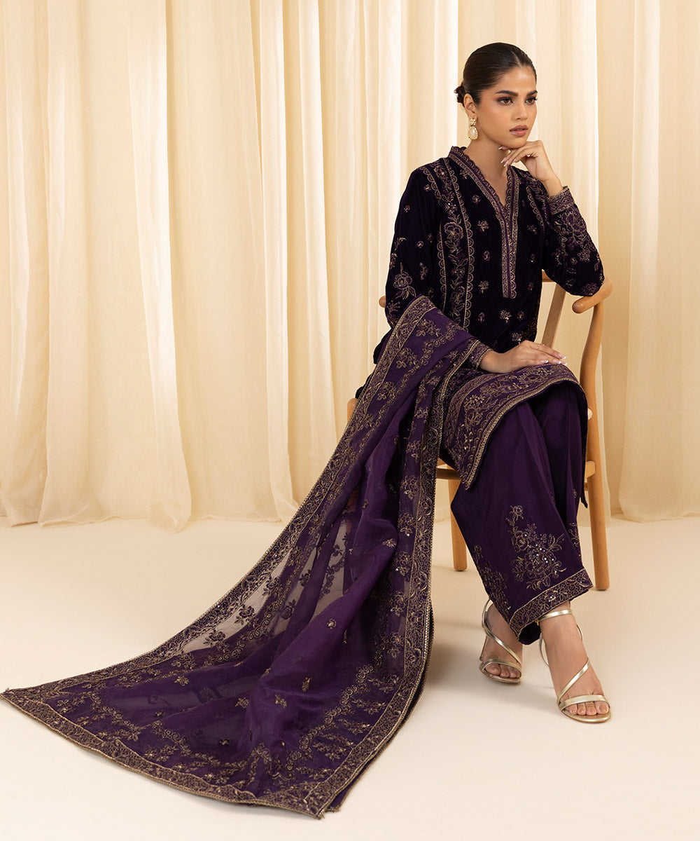 Women's Unstitched Embroidered Velvet Purple 3 Piece Suit