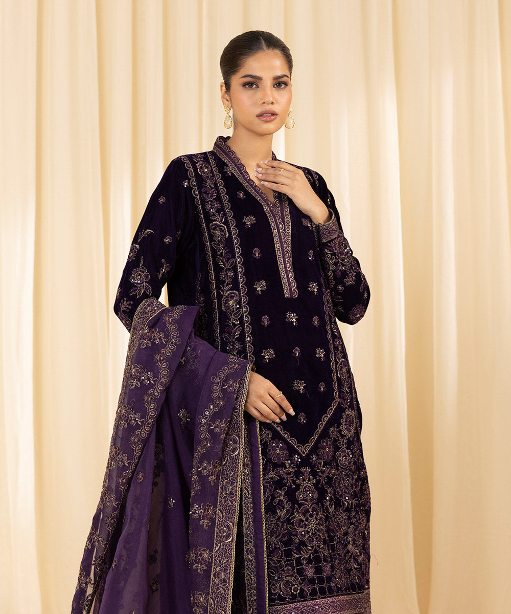 Women's Unstitched Embroidered Velvet Purple 3 Piece Suit