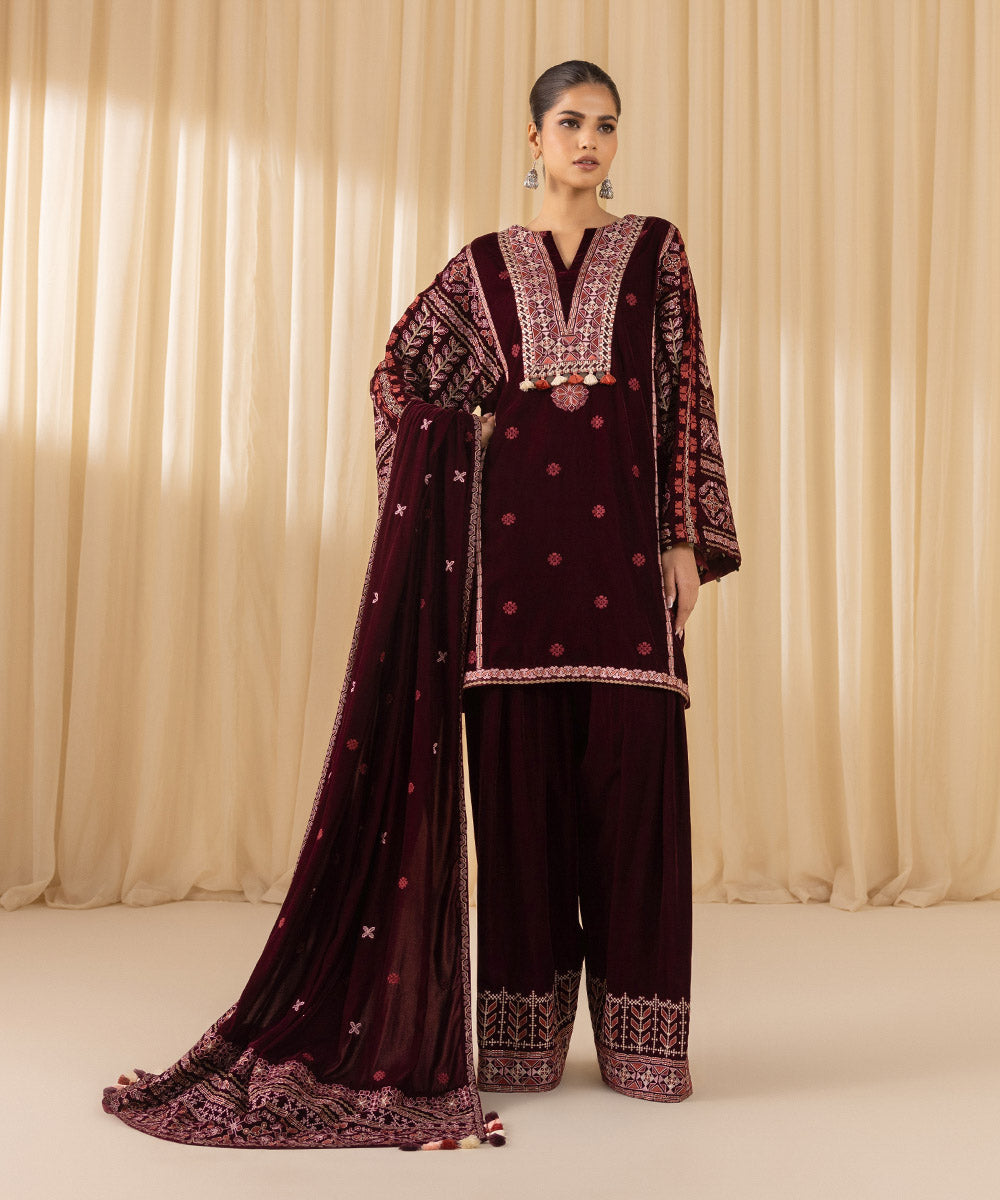 Women's Unstitched Embroidered Velvet Red 3 Piece Suit