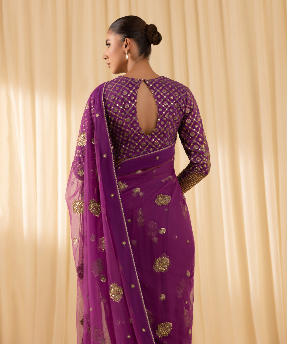 Women's Unstitched Embroidered Viscose Raw Silk Purple 3 Piece Suit