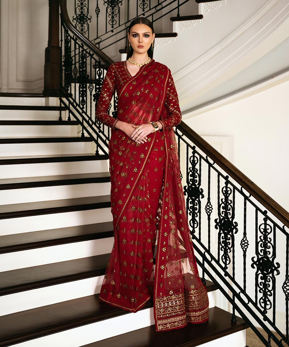 Women's Unstitched Embroidered Viscose Raw Silk Red 3 Piece Suit