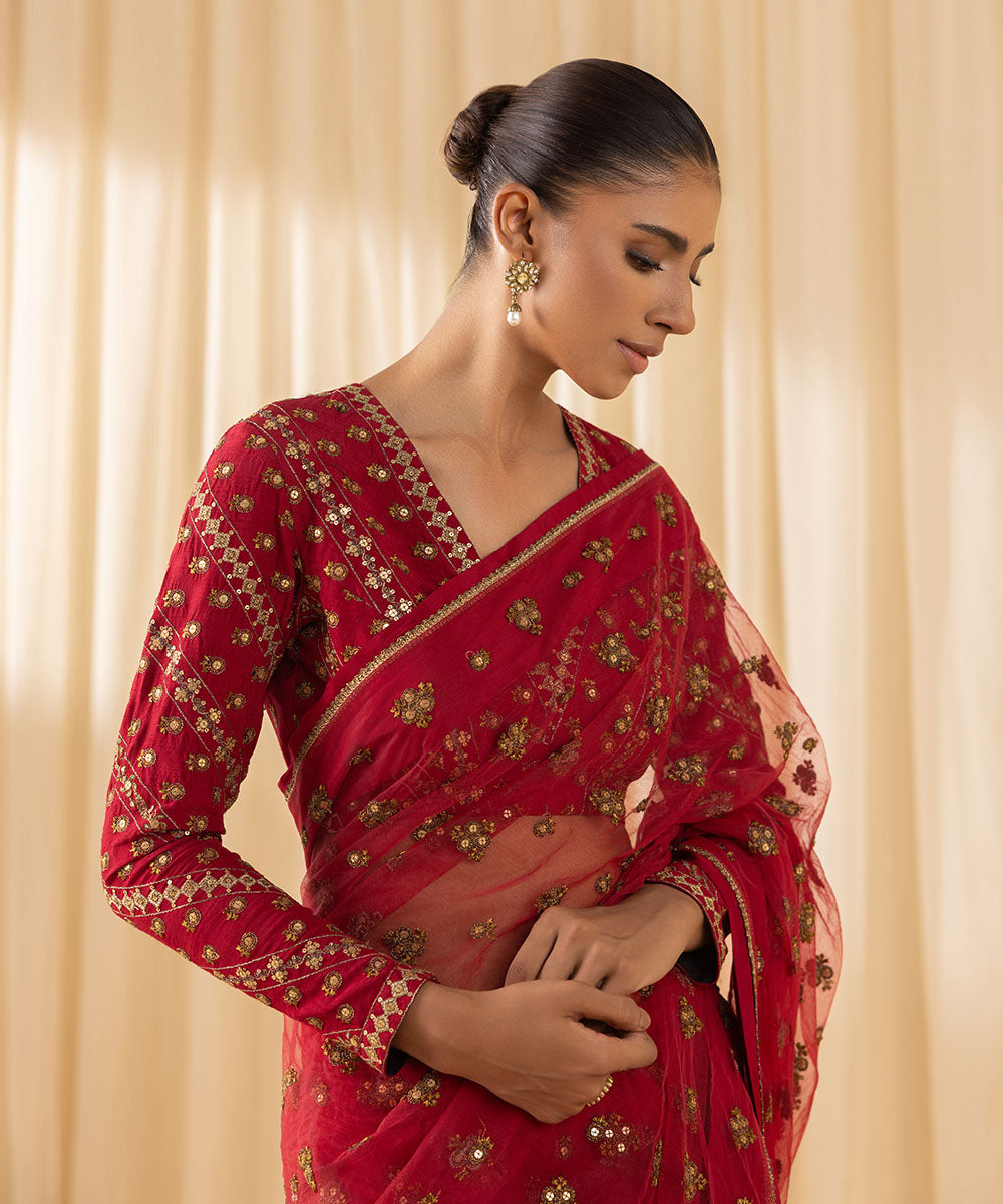 Women's Unstitched Embroidered Viscose Raw Silk Red 3 Piece Suit