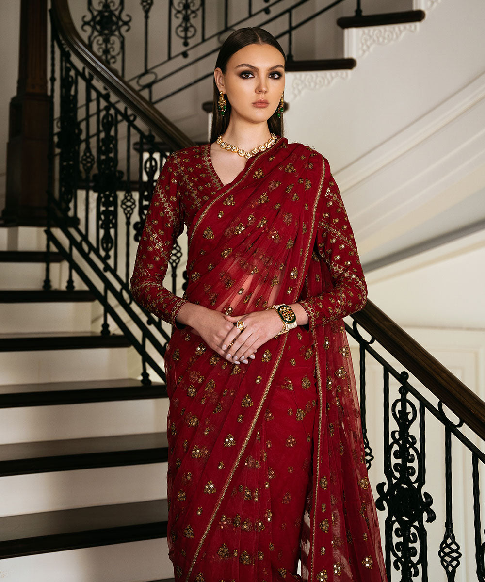 Women's Unstitched Embroidered Viscose Raw Silk Red 3 Piece Suit