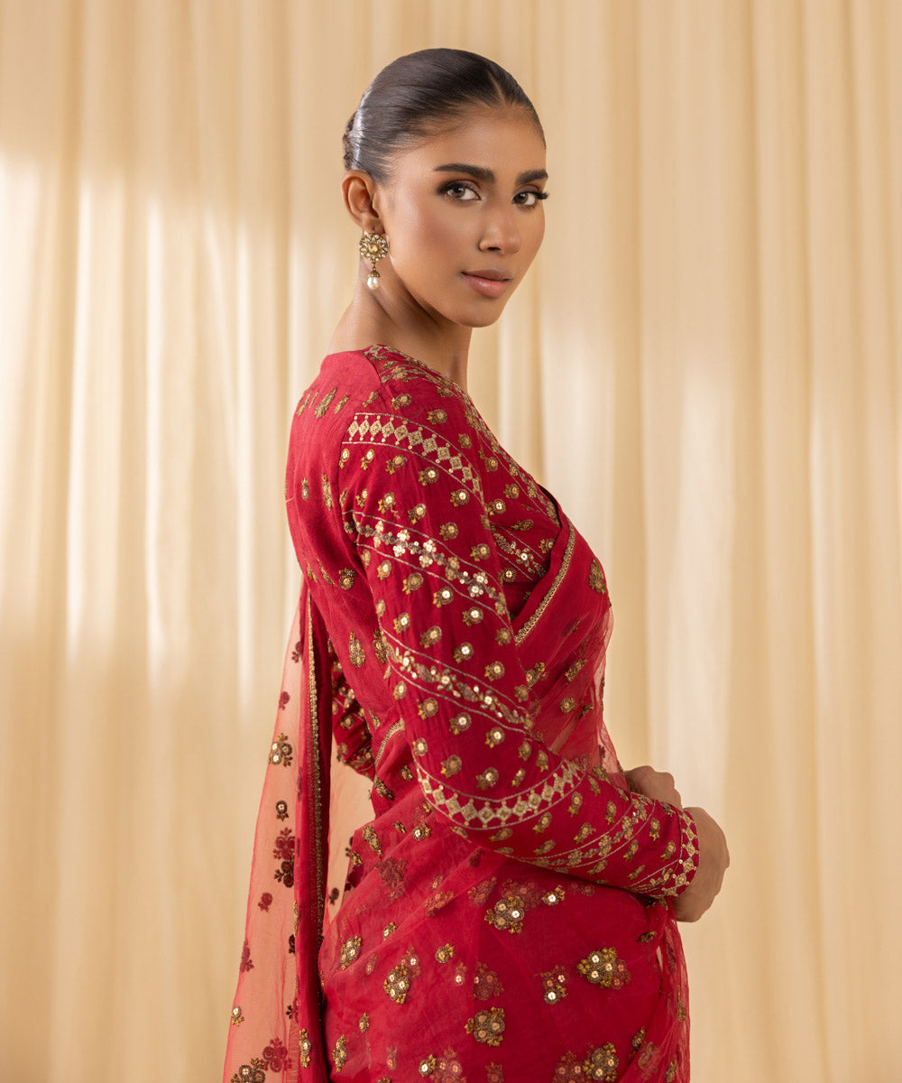 Women's Unstitched Embroidered Viscose Raw Silk Red 3 Piece Suit