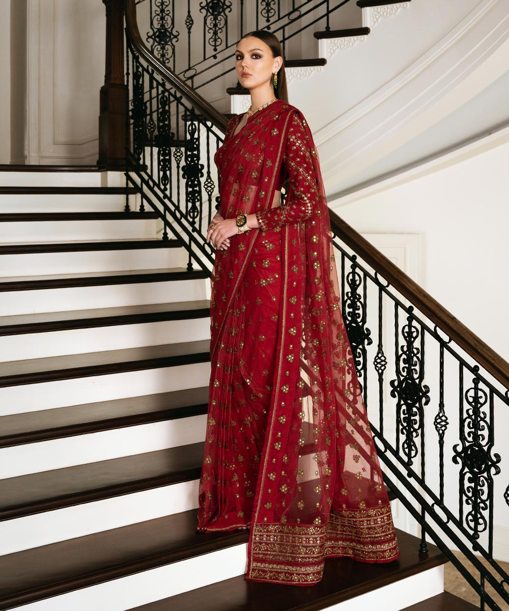 Women's Unstitched Embroidered Viscose Raw Silk Red 3 Piece Suit