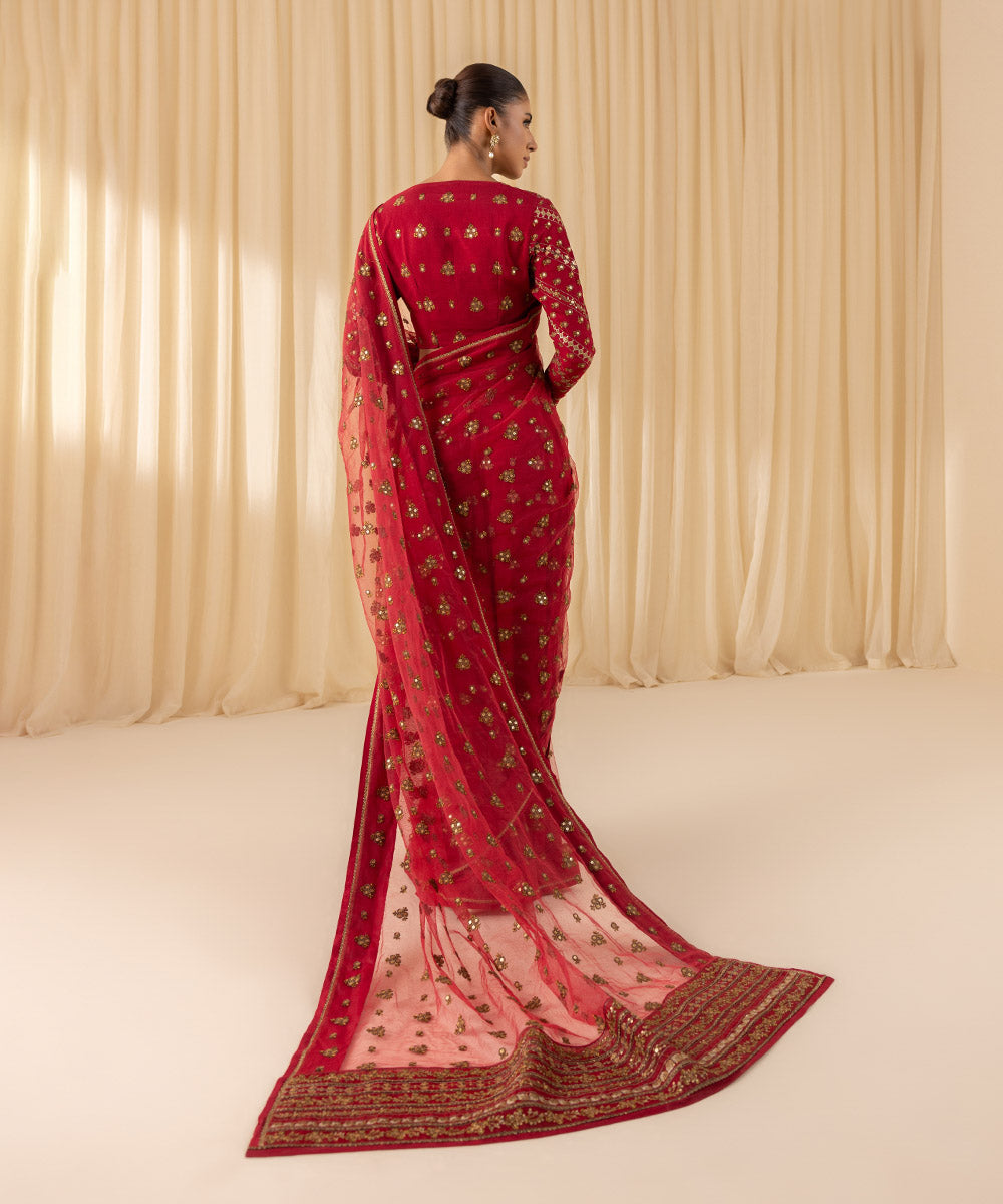 Women's Unstitched Embroidered Viscose Raw Silk Red 3 Piece Suit