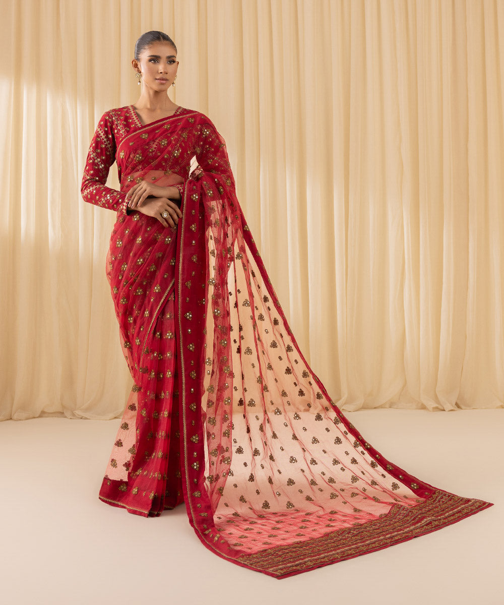 Women's Unstitched Embroidered Viscose Raw Silk Red 3 Piece Suit