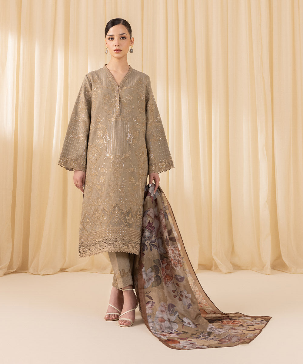 Women's Unstitched Embroidered Cambric Beige 3 Piece Suit