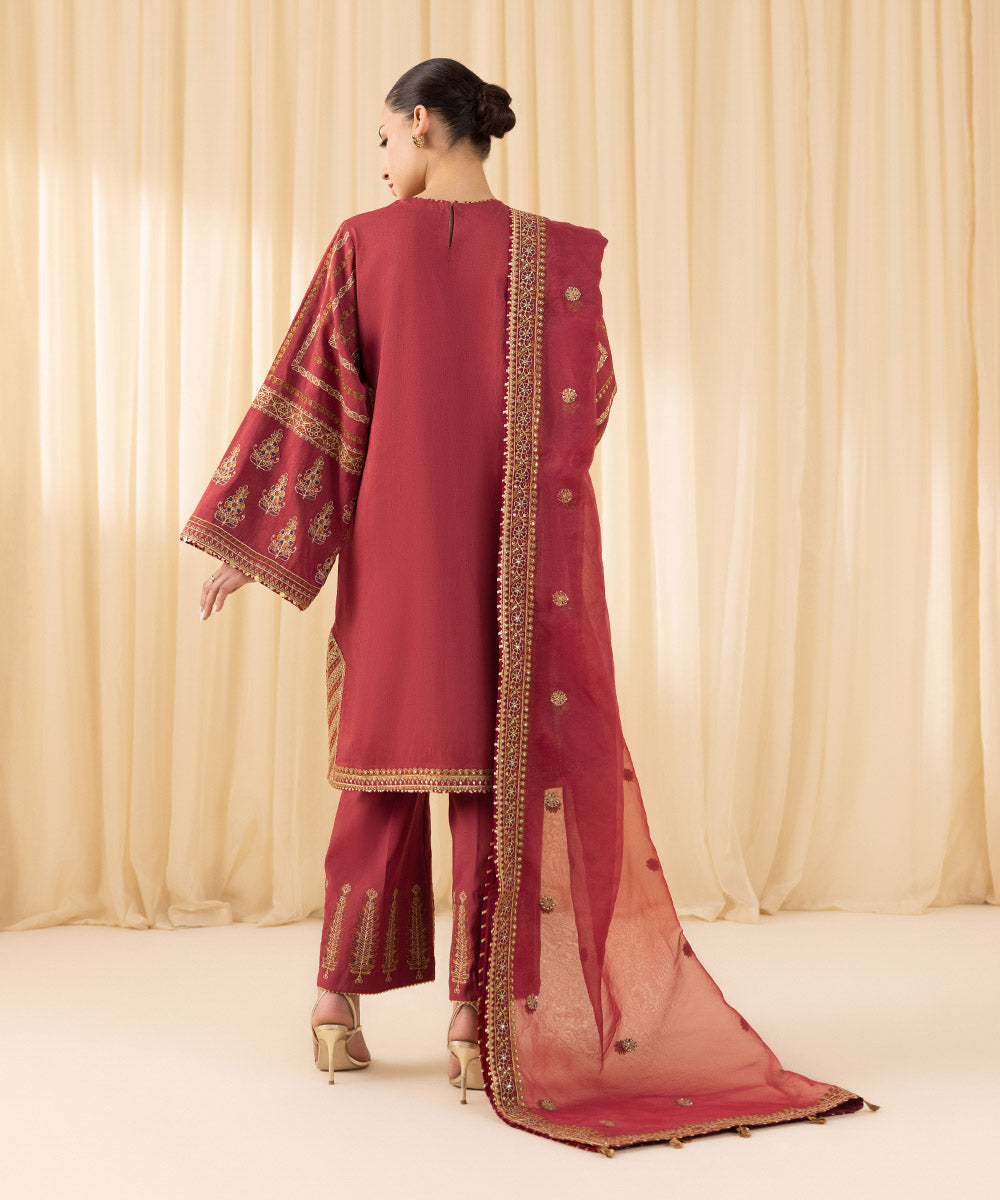 Women's Unstitched Embroidered Viscose Raw Silk Red 3 Piece Suit