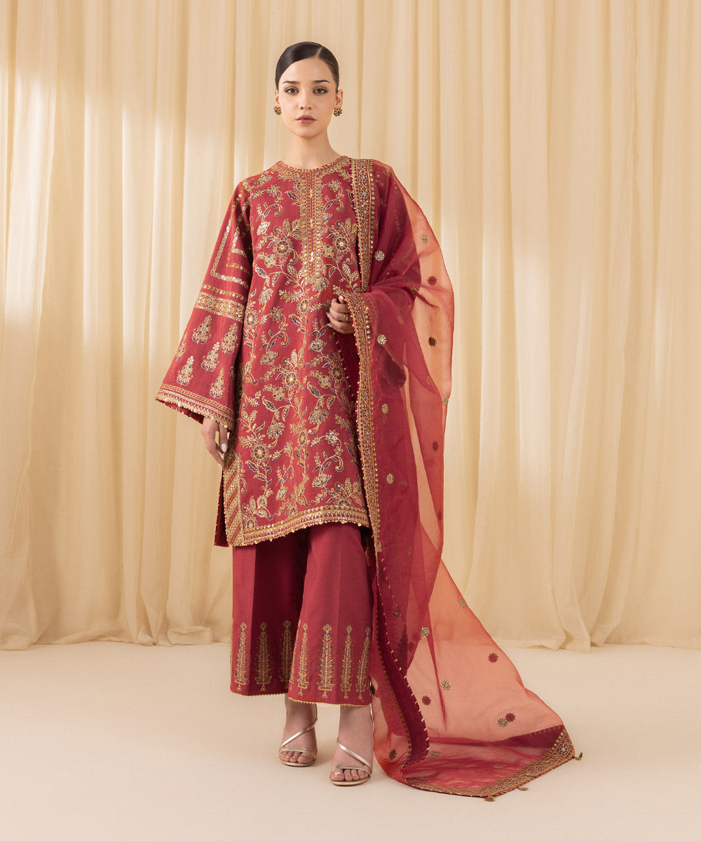 Women's Unstitched Embroidered Viscose Raw Silk Red 3 Piece Suit