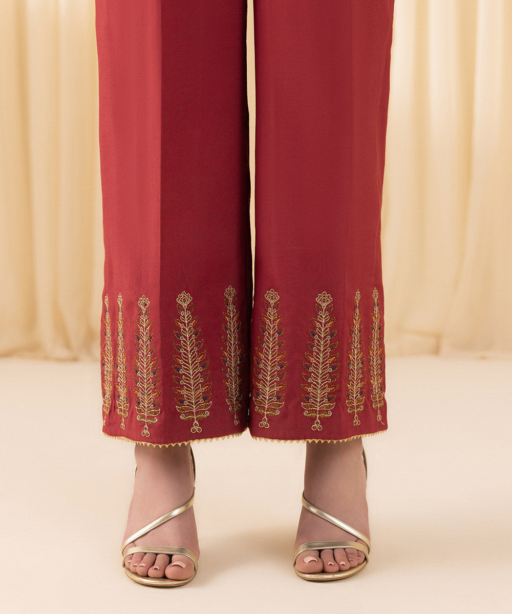 Women's Unstitched Embroidered Viscose Raw Silk Red 3 Piece Suit