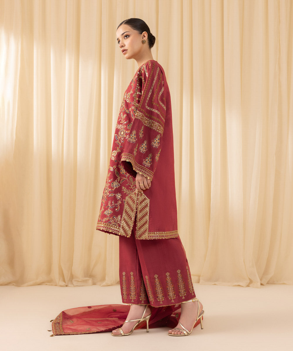 Women's Unstitched Embroidered Viscose Raw Silk Red 3 Piece Suit