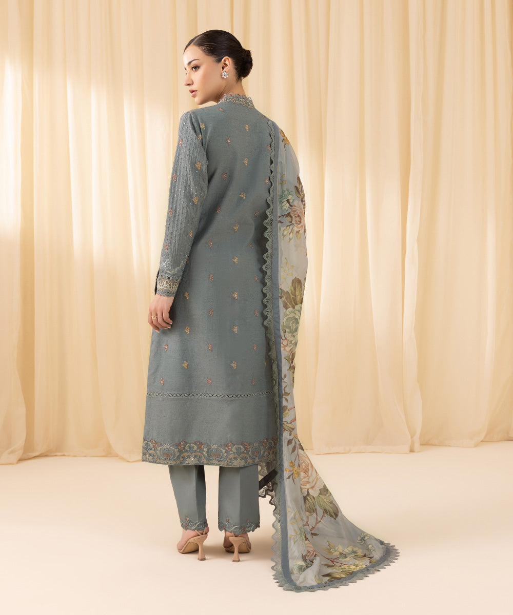 Women's Unstitched Embroidered Cambric Grey 3 Piece Suit