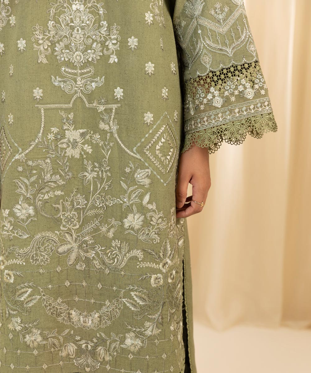 Women's Unstitched Embroidered Cambric Green 3 Piece Suit