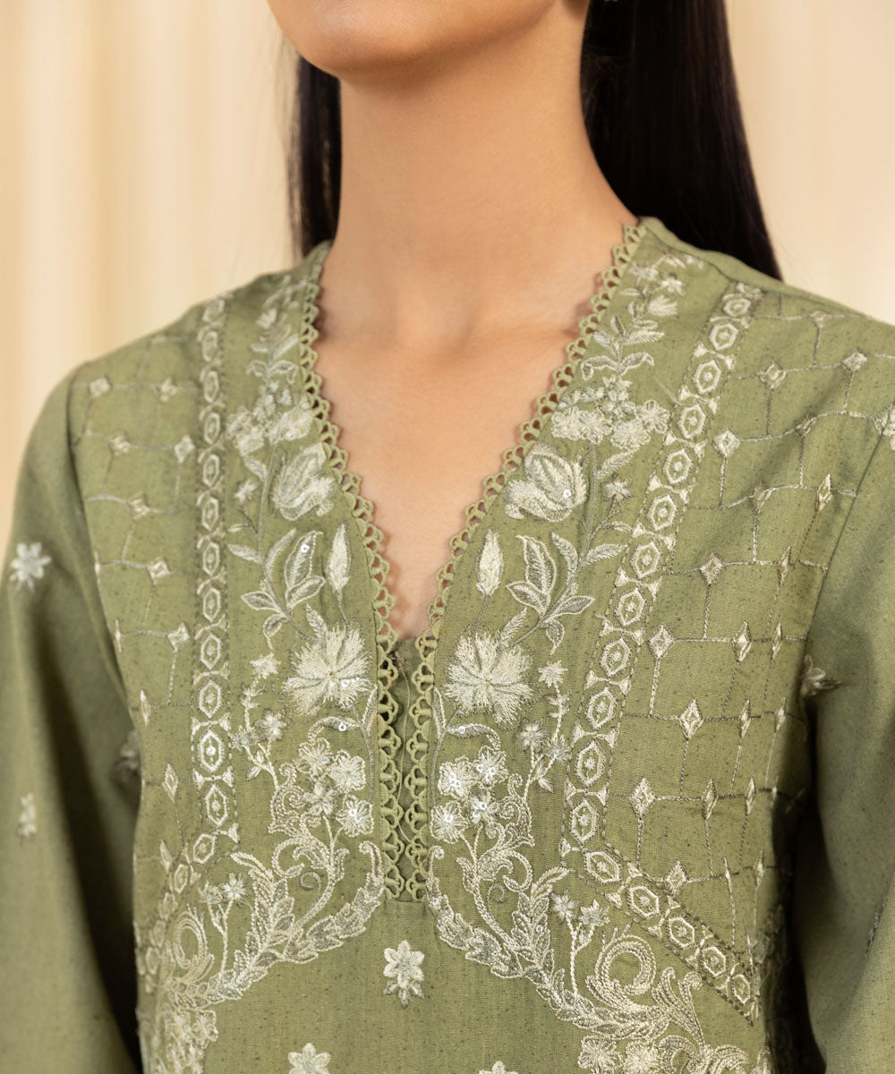 Women's Unstitched Embroidered Cambric Green 3 Piece Suit