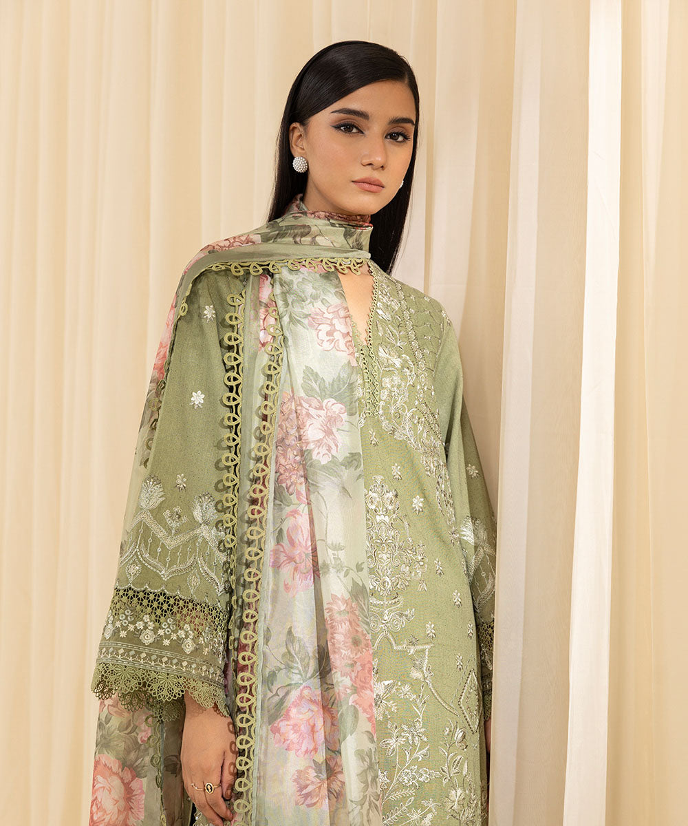 Women's Unstitched Embroidered Cambric Green 3 Piece Suit