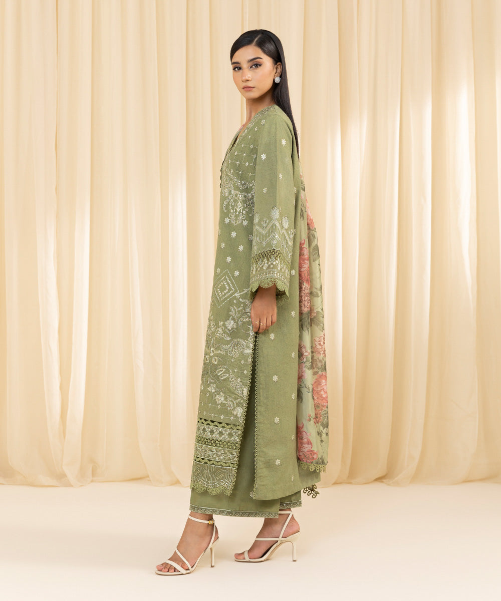 Women's Unstitched Embroidered Cambric Green 3 Piece Suit