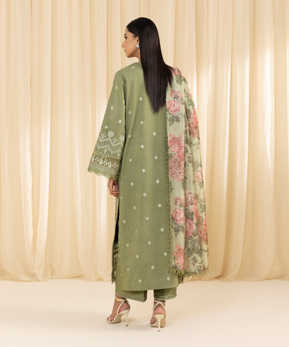 Women's Unstitched Embroidered Cambric Green 3 Piece Suit