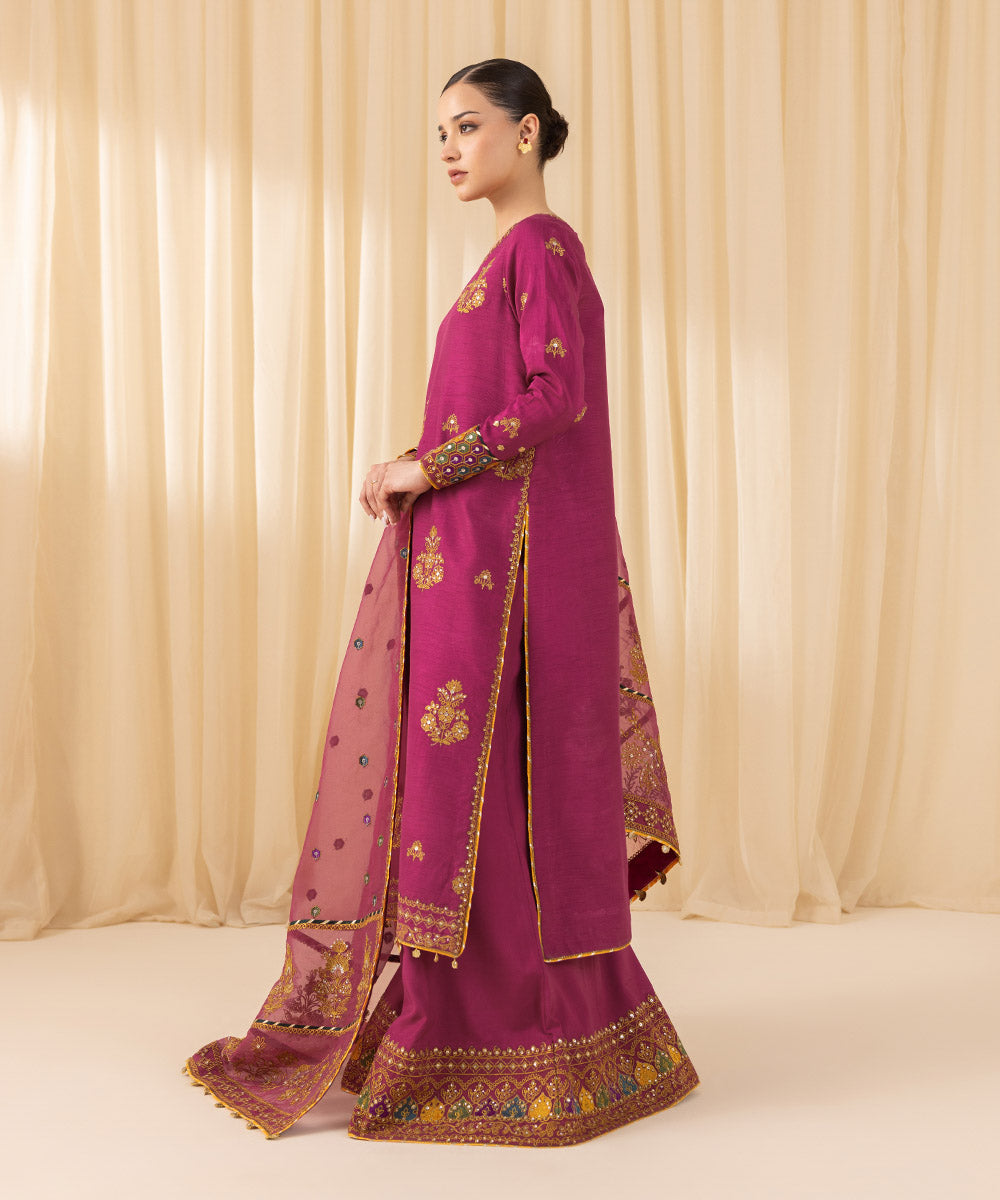 Women's Unstitched Embroidered Viscose Raw Silk Pink 3 Piece Suit