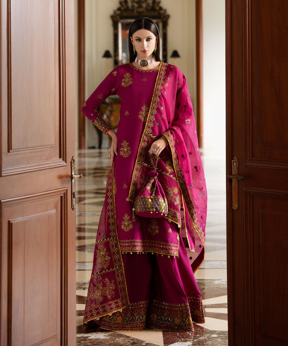 Women's Unstitched Embroidered Viscose Raw Silk Pink 3 Piece Suit