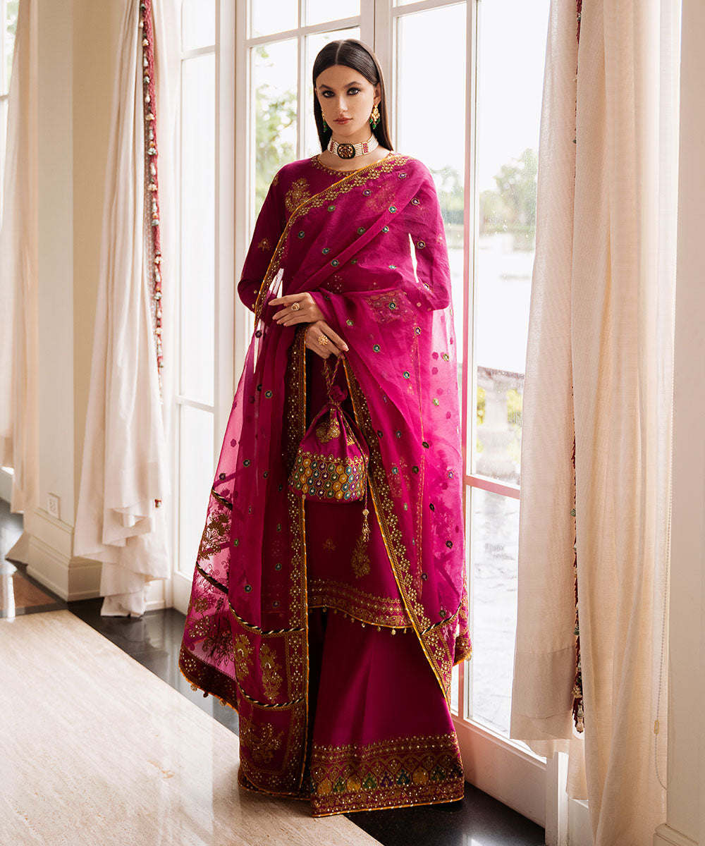 Women's Unstitched Embroidered Viscose Raw Silk Pink 3 Piece Suit