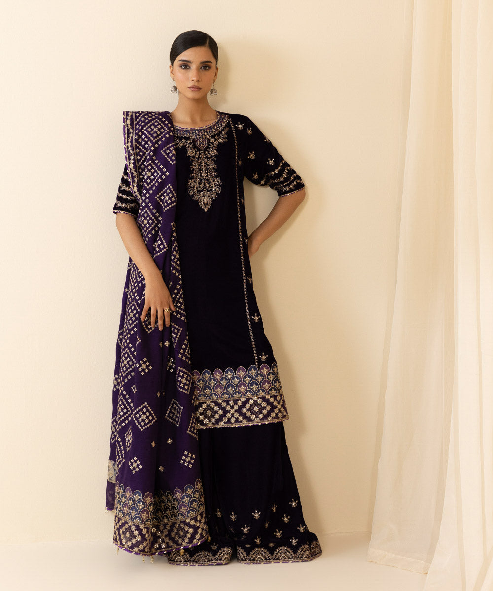 Women's Unstitched Embroidered Velvet Purple 3 Piece Suit