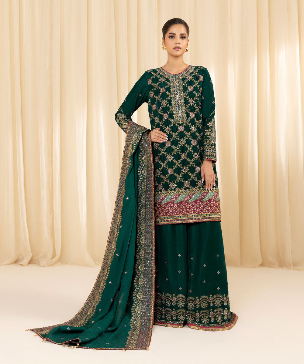 Women's Unstitched Embroidered Velvet Green 3 Piece Suit